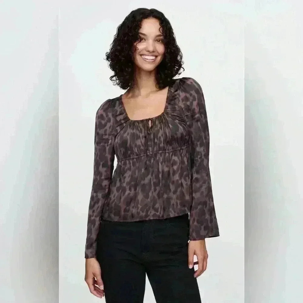 NWT Gap Leopard Brown Satin Square Neck Top ~ Large 🐆